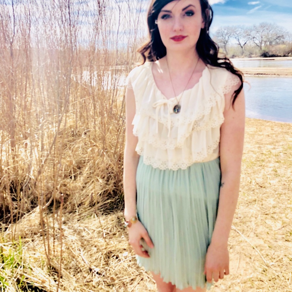 Mint and Cream Ruffle Eyelet Pleated Dress